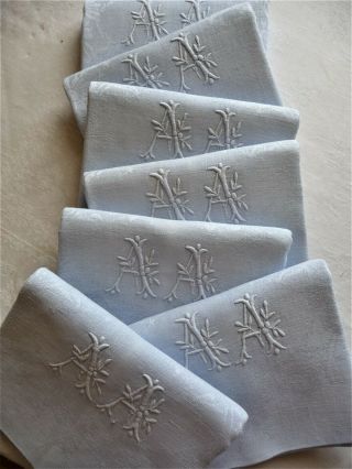 10 French Linen Napkins,  Monogrammed " Aa " Blue French Vintage Napkins,  Table Linen