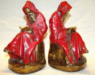 Bookend Pair Reading Monks Red Habits Gilded Bases Vintage 1950s Fine