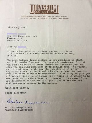 Lucasfilm Letter Indiana Jones Star Wars Hand Signed 1987