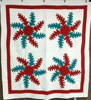 Red Green C 1900s Princess Feather Applique Quilt Vintage Stuffed Trapunto