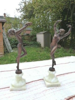 Art Deco Bronze Figurines On Onyx Base Marked Vivian After Josef Lorenzl