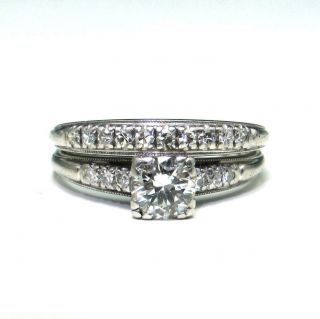 Vintage Platinum.  81 Ctw Round Diamond Engagement Ring Wedding Band Set Sz 7