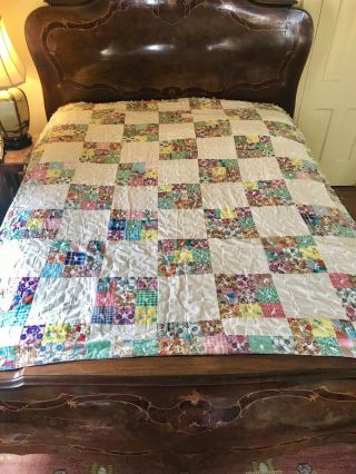Well Quilted Vintage Antique Quilt Completely Hand Sewn Cottage Bedspread