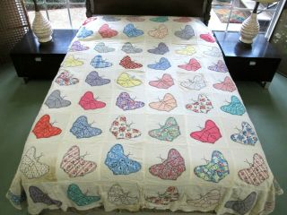 Vintage Feed Sack Hand Sewn Applique Butterfly Quilt Top; Many Prints; 92 " X 83 "