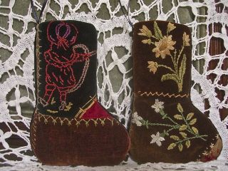 STOCKING ORNIES from 1880 - 90s CRAZY QUILT GIRL w/HOOP & STICK GAME ROSES FLOWERS 2
