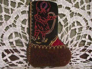 STOCKING ORNIES from 1880 - 90s CRAZY QUILT GIRL w/HOOP & STICK GAME ROSES FLOWERS 3