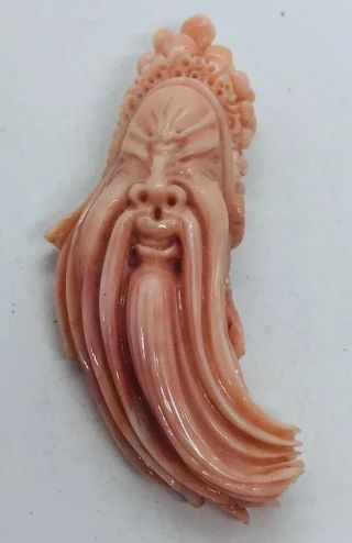 Antique Chinese Carved Red & White Coral Carving Of Man For Pin Or Pendant
