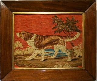 Mid/late 19th Century Needlepoint Of A Spaniel In A Rural Setting - C.  1870