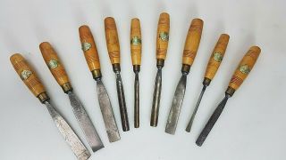 11 Vintage English Acorn Wood Carving Chisels & Gouges Hand Woodwork Tools