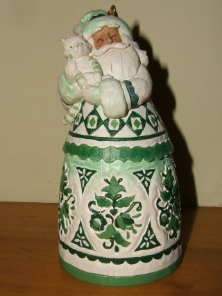 Jim Shore Heartwood Creek Green Toile Santa With Cat Bell Ornament With Tag 2004
