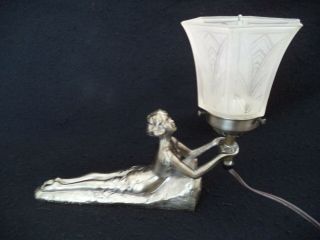Art Nouveau Style Boudoir Lamp Bronze Metal Semi - Nude Lady Woman Holding Torch