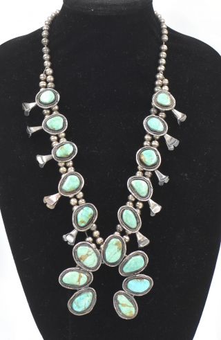 Old Pawn Southwest Turquoise Squash Blossom Necklace Sterling Silver 17 Stones