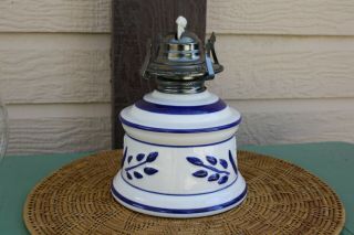 Vintage Delft Cobalt Blue Ceramic Lamplight Farms Hurricane Oil Colonial Lamp