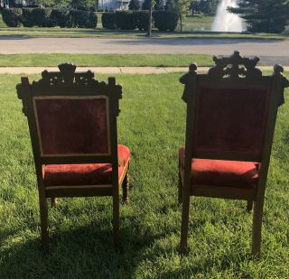 Antique Victorian Eastlake Carved King Queen Red Velvet Matching Side Chairs EUC 3