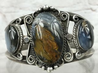 Vintage Old Pawn Navajo Sterling Silver Petrified Wood Cuff Bracelet 52g