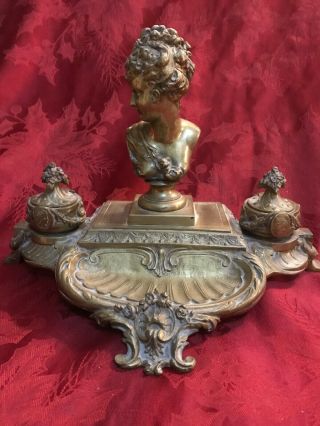 Art Nouveau Inkwell Bust Of A Lady Double Wells Large
