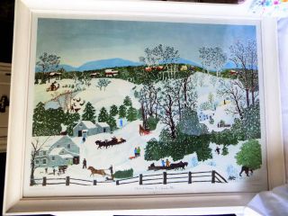 Grandma Moses Print,  Winter Snow Christmas Trees,  Vintage,  Framed 20 " X 26 1/2 "