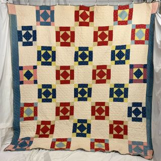 Antique Feed Sack Quilt,  Diamond In Square Patchwork Quilt,  Geometric Quilt 80x78”
