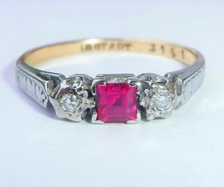 Antique Art Deco 18ct Gold & Platinum Princess Ruby & Diamond Ring,  Size K