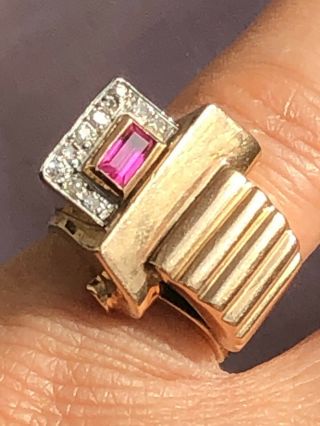 Hallmatk Art Deco 18k Gold Diamonds Ruby Ring - Uk Size H