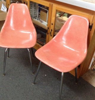 2 Vintage Salmon Fiberglass Shell Chair Mid Century Modern