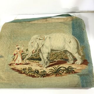 Antique Indian Elephant & Handler Tapestry Cross Stitch Cushion Silk Back