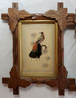 Vtg Feather Craft Bird Pictures Hand Carved Wood Frame Mexican Folk Art 60s Pair 2
