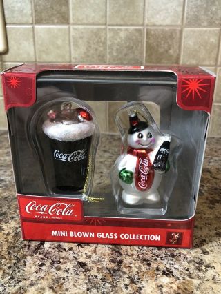 Coca - Cola Mini Blown Glass Ornament Set Of 2 Coke Drink & Snowman Holding Coke