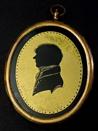 Antique 18th/19thc Verre Eglomise Silhouette Miniature Portrait Painting Pendant