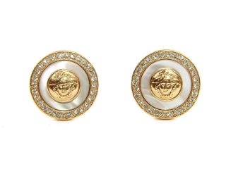 Authentic Gianni Versace Medusa Logo Vintage Clip On Gold - Tone Rhinestone Earrin