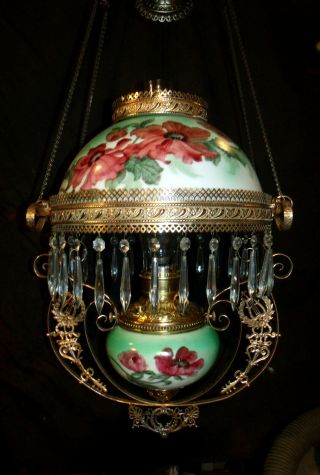 Antique Miller Hanging Oil Lamp (matching Shade And Font Holder)