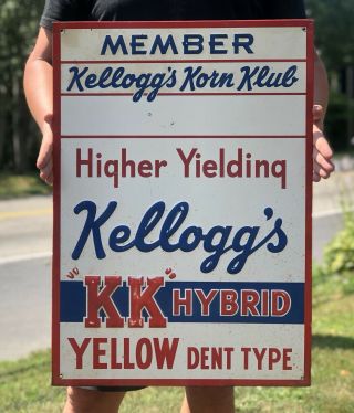 Rare Vintage Kellogg’s Korn Klub Member Farm Feeds Seeds Tin Embossed Sign 27x19