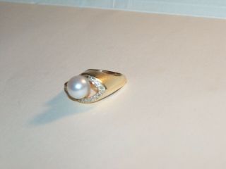 ESTATE Vintage 14K GOLD 18 Diamond Luster Pearl 8mm Ring SZ 7.  25 7.  1 grams 3