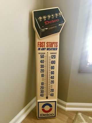 35 " Vintage Gm Ac Delco Fast Starts Battery Gas Oil Advertising Thermometer Sign