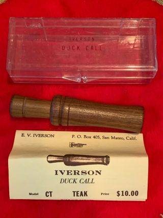 Vintage E.  V.  Iverson Duck Call Teak Model Ct With Case & Description