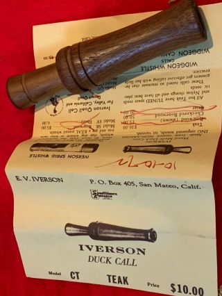 Vintage E.  V.  IVERSON DUCK CALL TEAK Model CT with Case & Description 3