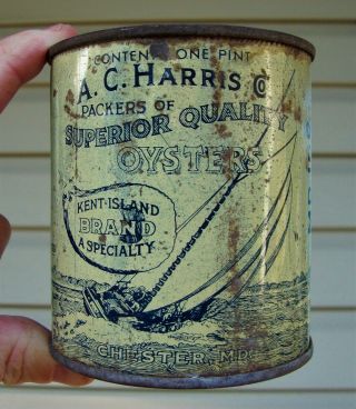 Early A.  C.  Harris Co.  Pint Oyster Tin Can Maryland Chester,  Maryland