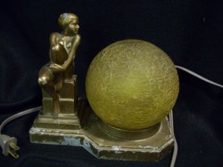 Vintage Art Deco Bronzed Nude Lady Lamp With Brain/crackle Glass Shade/works