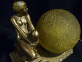 Vintage Art deco bronzed nude Lady lamp with brain/crackle glass shade/works 2