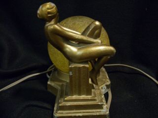 Vintage Art deco bronzed nude Lady lamp with brain/crackle glass shade/works 3
