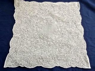 Antique White Linen Ayrshire Dense Hand Embroidered Handkerchief Wedding Hankie