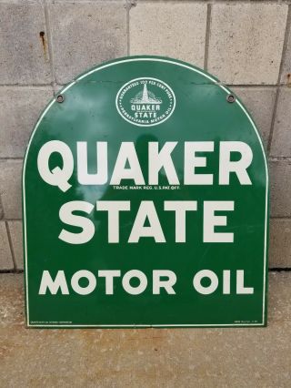 Vintage Quaker State Motor Oil Double Sided Porcelain Tombstone Sign