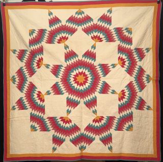Colorful 1920’s Broken Star Quilt With Double Border.