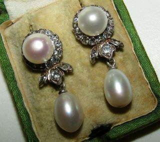 , Antique Victorian 9 Ct Gold Earrings With Baroque Pearls & Jargoons