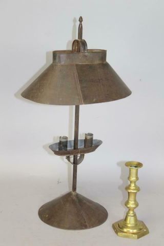 A RARE 19TH C TIN ADJUSTABLE DOUBLE CANDLE HOLDER SURFACE AND SHADE 2