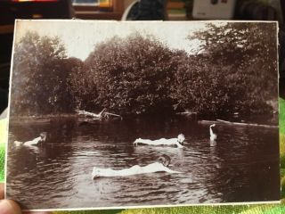 Vintage 4 Boys Skinny Dipping In Log Pond Photo