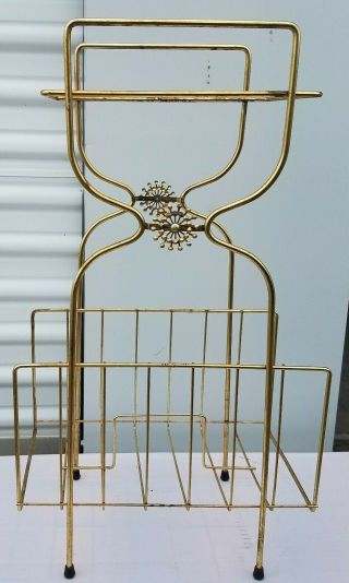 Mid Century Two Tier Plant Stand Gold Tone Wire Side Table Starburst Atomic Vtg