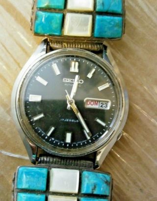 Vintage Seiko Watch 17 Jewels Navajo Sterling Silver Turquoise Mother Of Pearl.