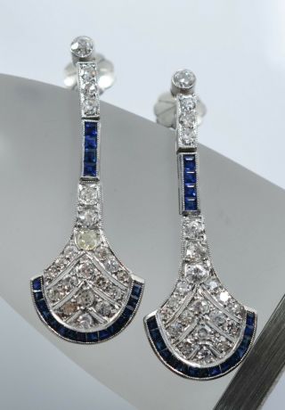 Fine Art Deco Platinum 2.  11 Ct Diamond And 1.  60 Sapphires Earrings 10.  5 Gr