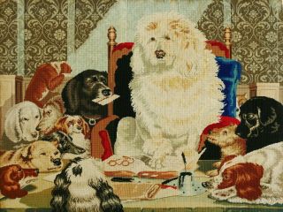 Antique Victorian Woolwork Embroidery Of Dogs - Laying Down The Law By Landseer